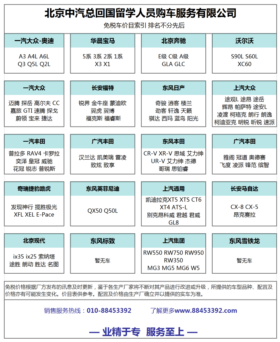 最新留学生免税车车型品牌目录