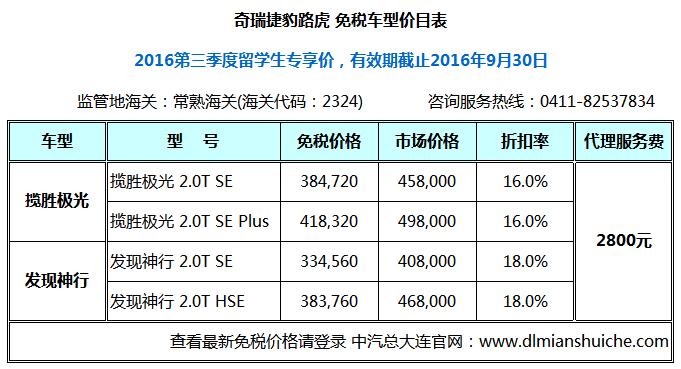 奇瑞捷豹路虎三季度留学生免税车价格表