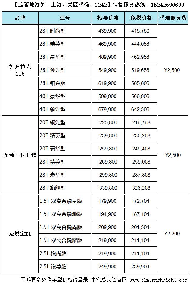 上汽通用凯迪拉克CT6/雪佛兰迈锐宝XL/全新君越免税车型价格表